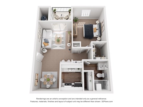 a stylized floor plan with a bedroom and a living room